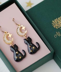Black Cat Dangle Earrings, Opal Moon Earrings, Little Kitty Hoop Earrings, Gold Animal Earrings, Pet Owner Gift, Celestial Jewelry for Women