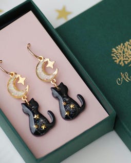 Black Cat Dangle Earrings, Opal Moon Earrings, Little Kitty Hoop Earrings, Gold Animal Earrings, Pet Owner Gift, Celestial Jewelry for Women