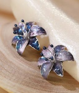 Handmade Celestial Lily Flower Stud Earrings, Witchy Floral Gift, Galaxy Sparkling Resin Enamel Jewelry, Hypoallergenic, Clip-On