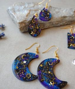 Galaxy Starry Night Earrings - Celestial Moon Teardrop Dangles - Gold Space Bar Jewelry - Cosmic Resin Astronomy Gift