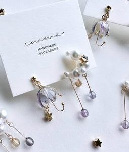 Starry Night Umbrella & Moon Earrings – Asymmetrical Celestial Jewelry, Handmade Resin Night Sky Earrings