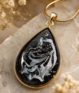 Black Resin Teardrop Necklace, Handmade Gold Pendant, Smoky Swirl Jewelry, Celestial Necklace, Gothic Jewelry, Unique Gift for Her