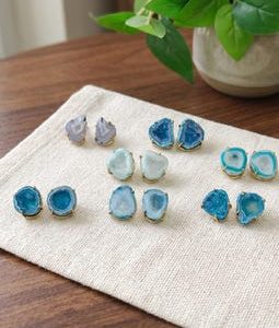 Sky Blue Geode Druzy Stud Earrings: Gold Plated Brass, Raw Agate Slice Jewelry