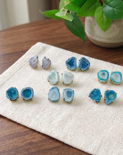 Sky Blue Geode Druzy Stud Earrings: Gold Plated Brass, Raw Agate Slice Jewelry