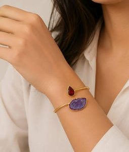 Natural Milky Purlpe Geode Druzy Bangles, Garnet Pear Shape Bangles, Gold Plated Adjustable Bangles, Birthsotne Bangle, Gifts For Her