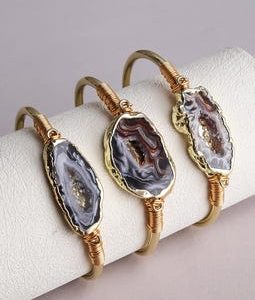 Irregular Agate Geode Cuff Bracelet - Adjustable Wire Wrapped Open Bangle - Boho Healing Statement Jewelry