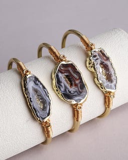 Irregular Agate Geode Cuff Bracelet - Adjustable Wire Wrapped Open Bangle - Boho Healing Statement Jewelry