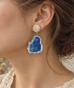 Handmade Blue Geode Dangle Earrings, Cream Studs, Boho Statement Jewelry