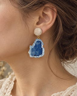 Handmade Blue Geode Dangle Earrings, Cream Studs, Boho Statement Jewelry